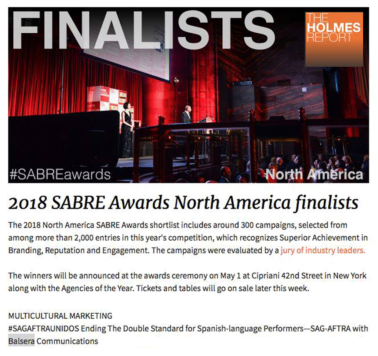 Balsera Communications recognized for its outstanding work for SAG-AFTRA by The Holmes Report Sabre Awards
